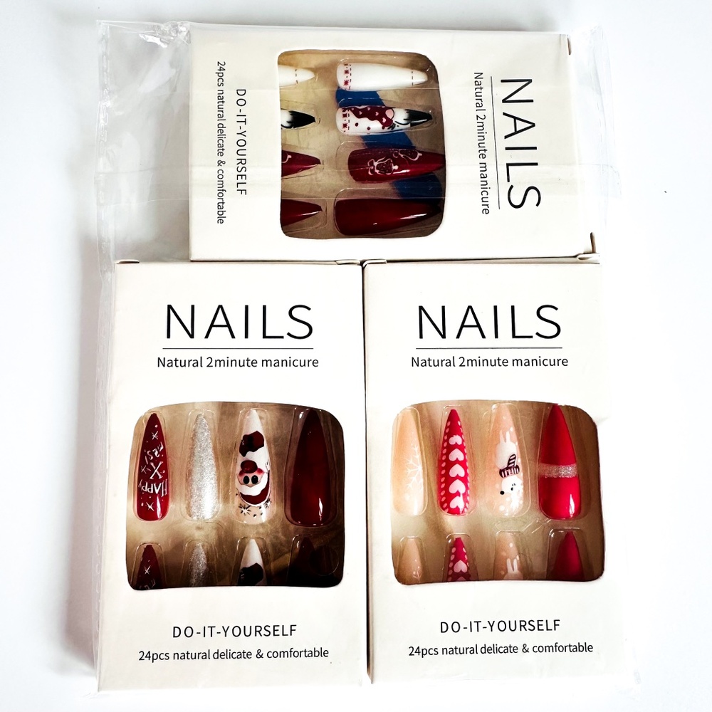 NEW 3 Sets Press On Christmas Winter Fingernails Manicure Pointed Stiletto Nails